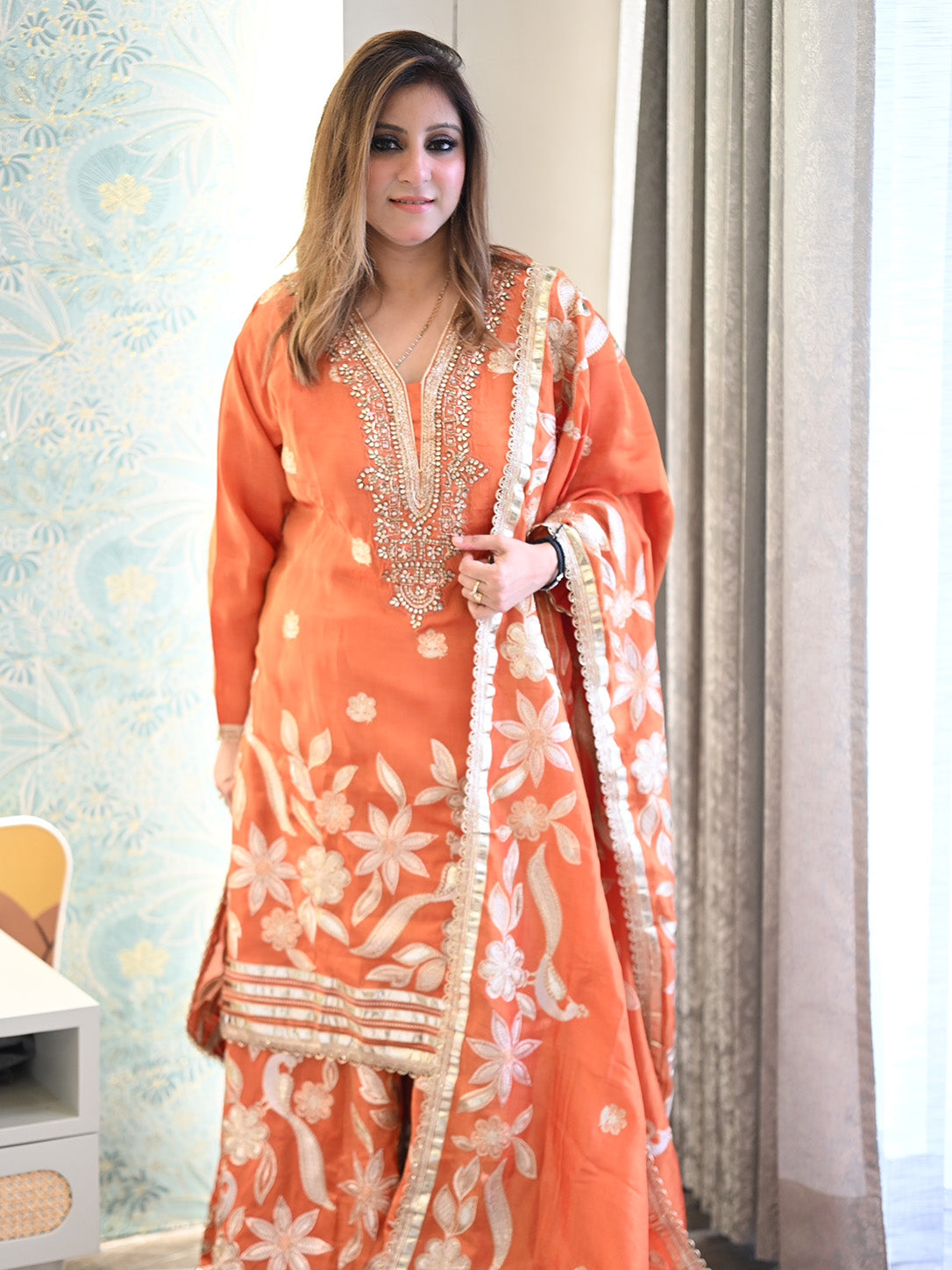 Tangerine Tissue Silk Organza Kundan Embroidered Sharara Set