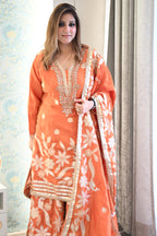Tangerine Tissue Silk Organza Kundan Embroidered Sharara Set