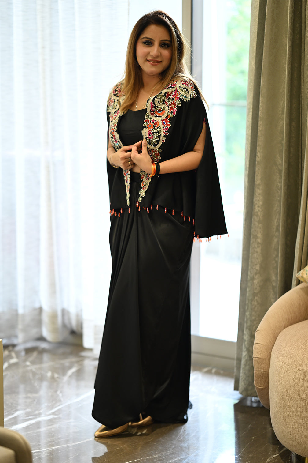 The Multicolor Zardozi Cape Draped Ensemble