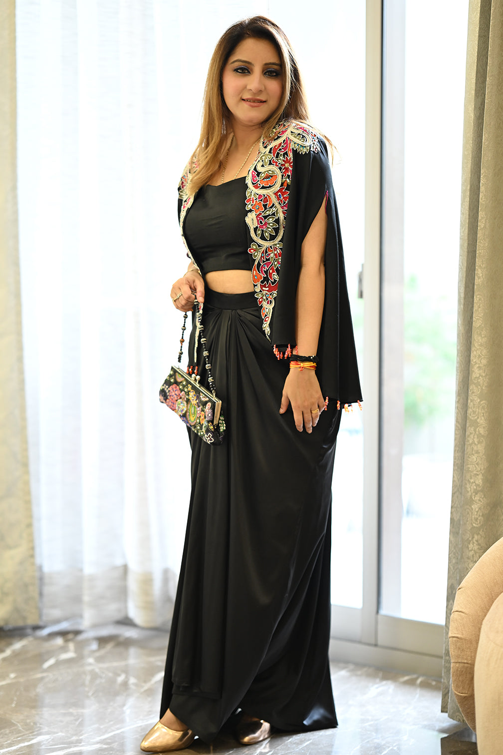 The Multicolor Zardozi Cape Draped Ensemble