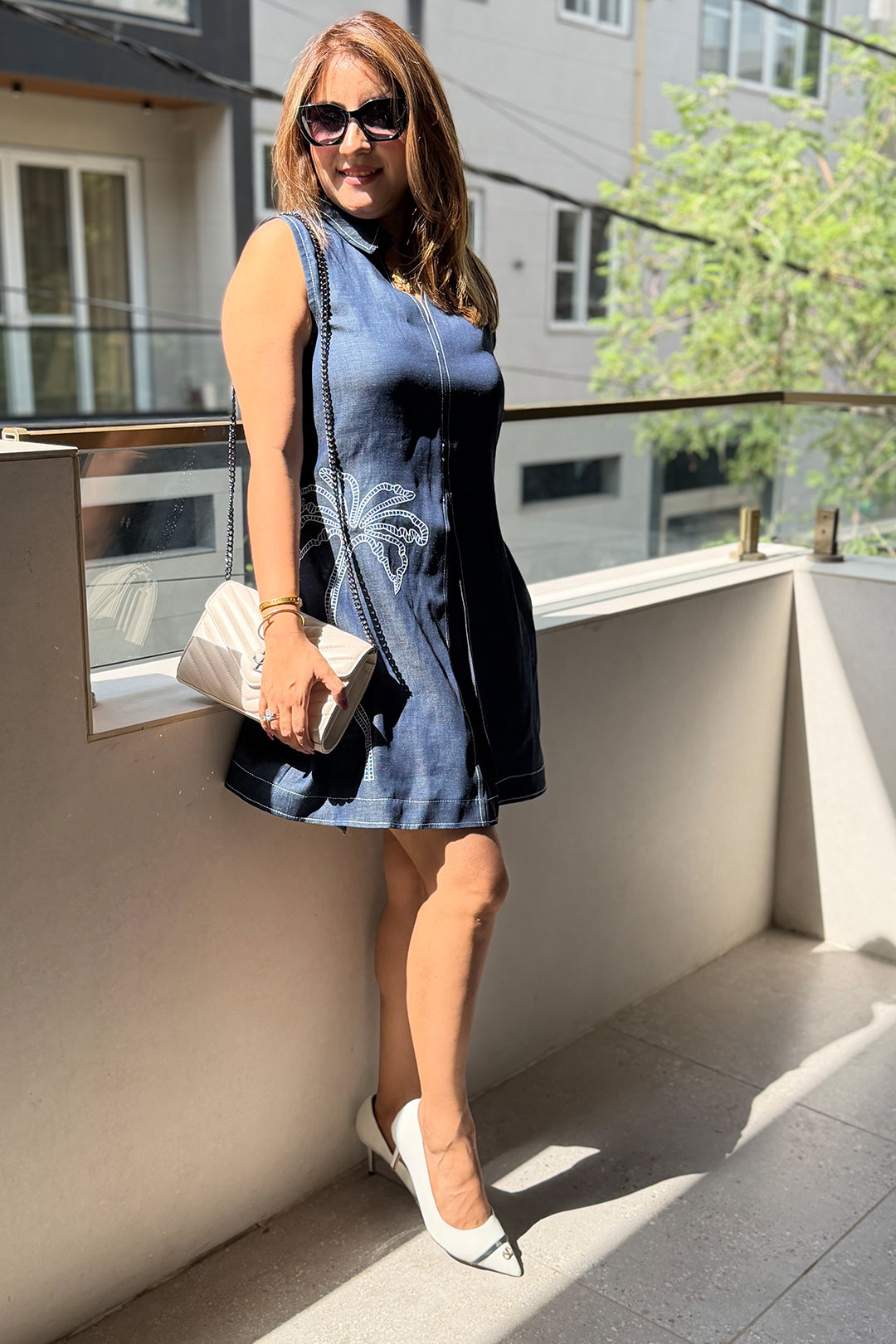 The Palm Oasis Denim Shift Dress