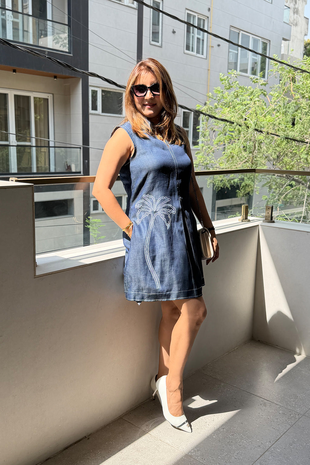 The Palm Oasis Denim Shift Dress