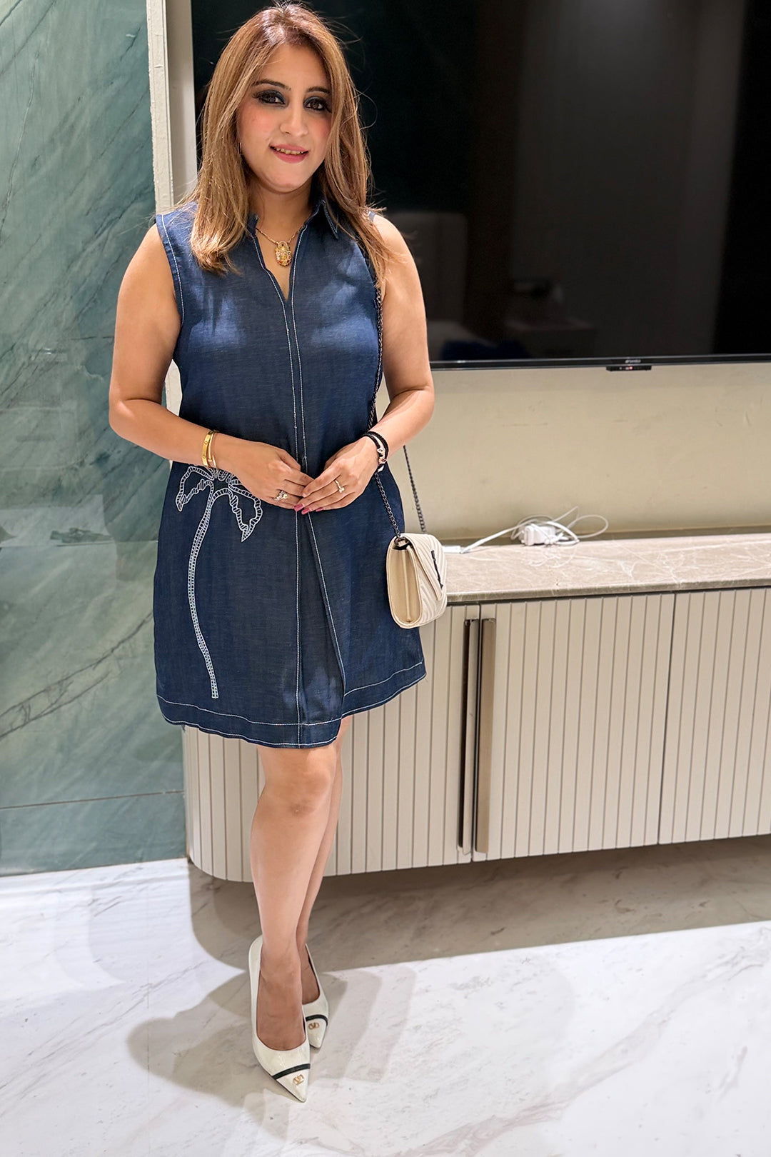 The Palm Oasis Denim Shift Dress