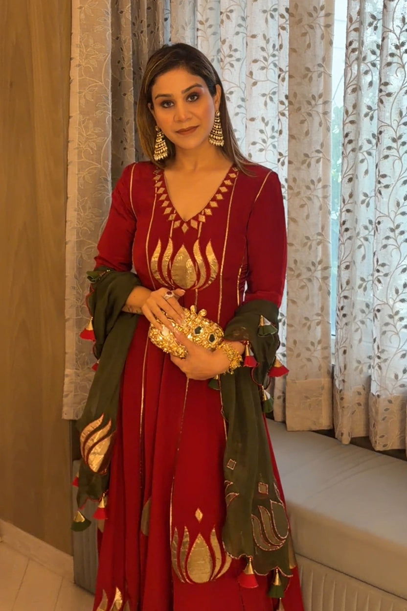 Umang Jain | Scarlet Red Lotus Gota Anarkali Set
