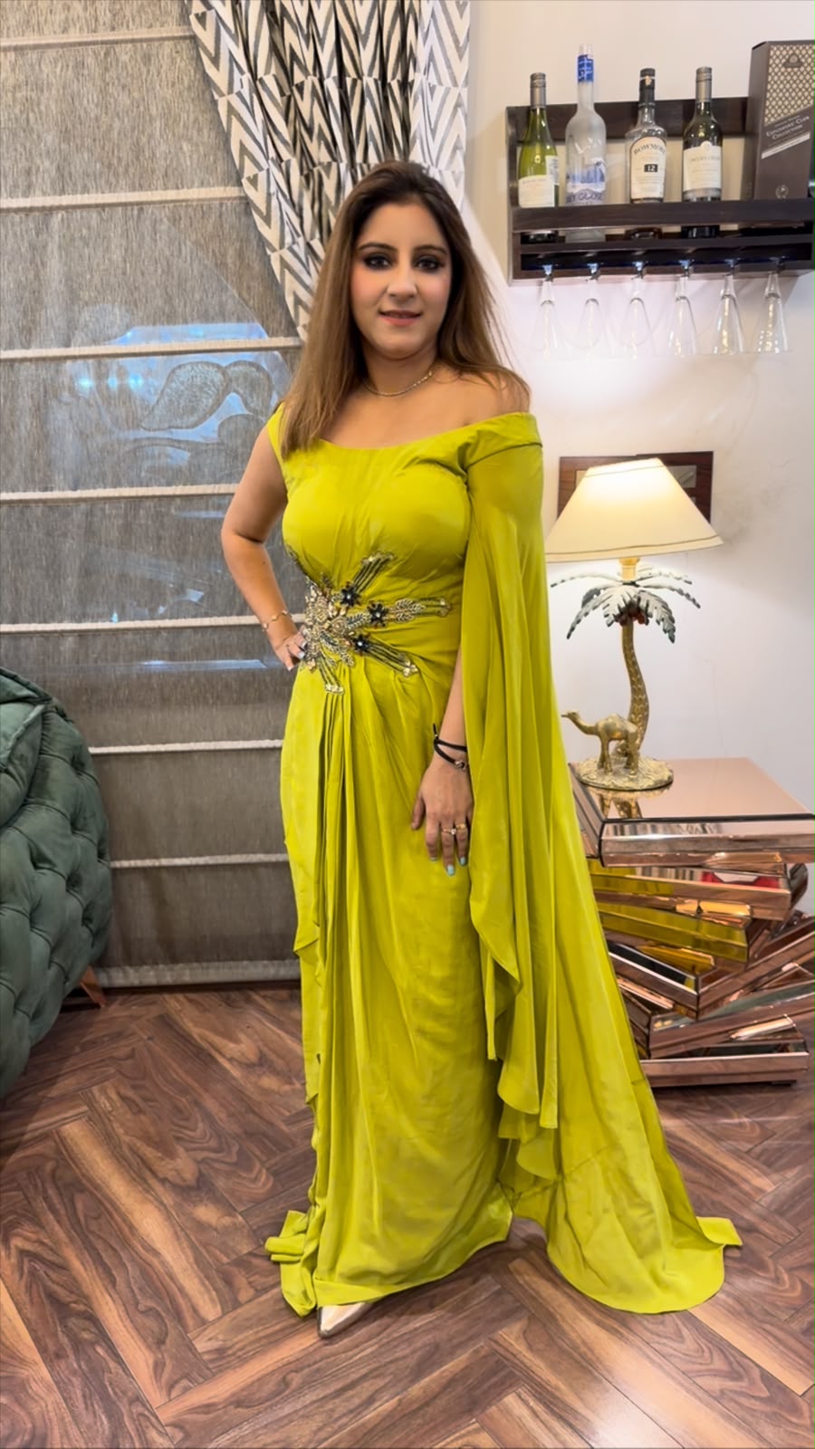 The Embellished Chartreuse Crepe Drape Gown