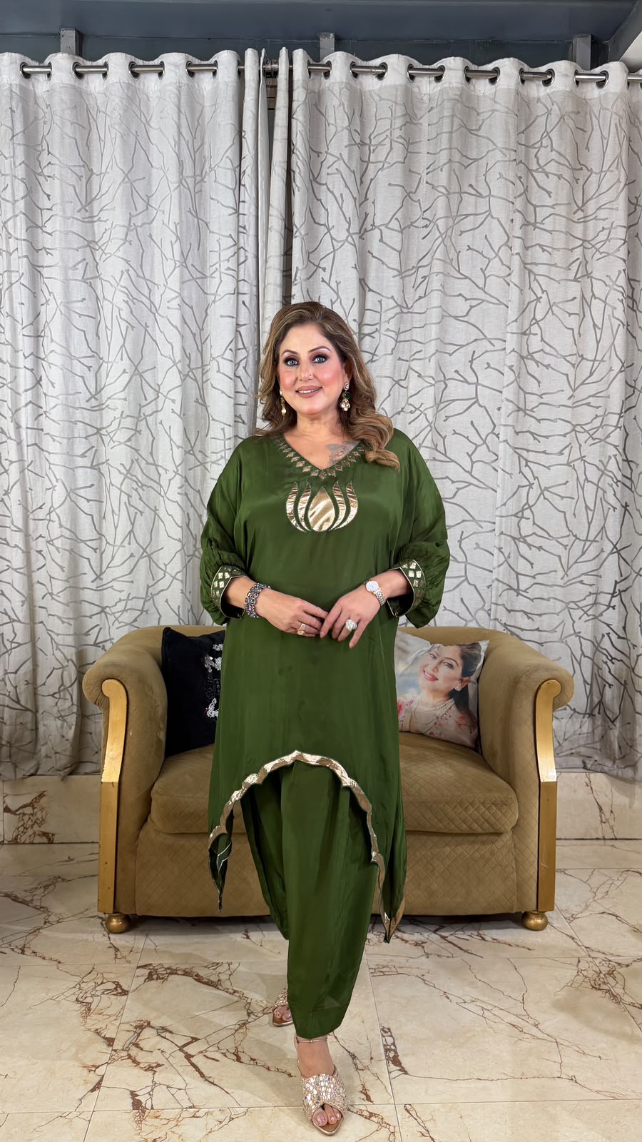 Royal Green Lotus Gotta Embroidered Asymmetrical Kurta with Farshi Salwar