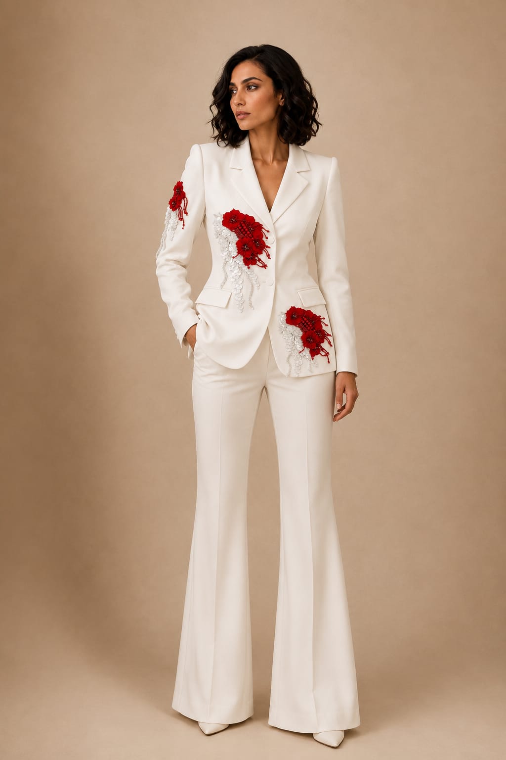 White 3D RED Flower  Co-ord Set