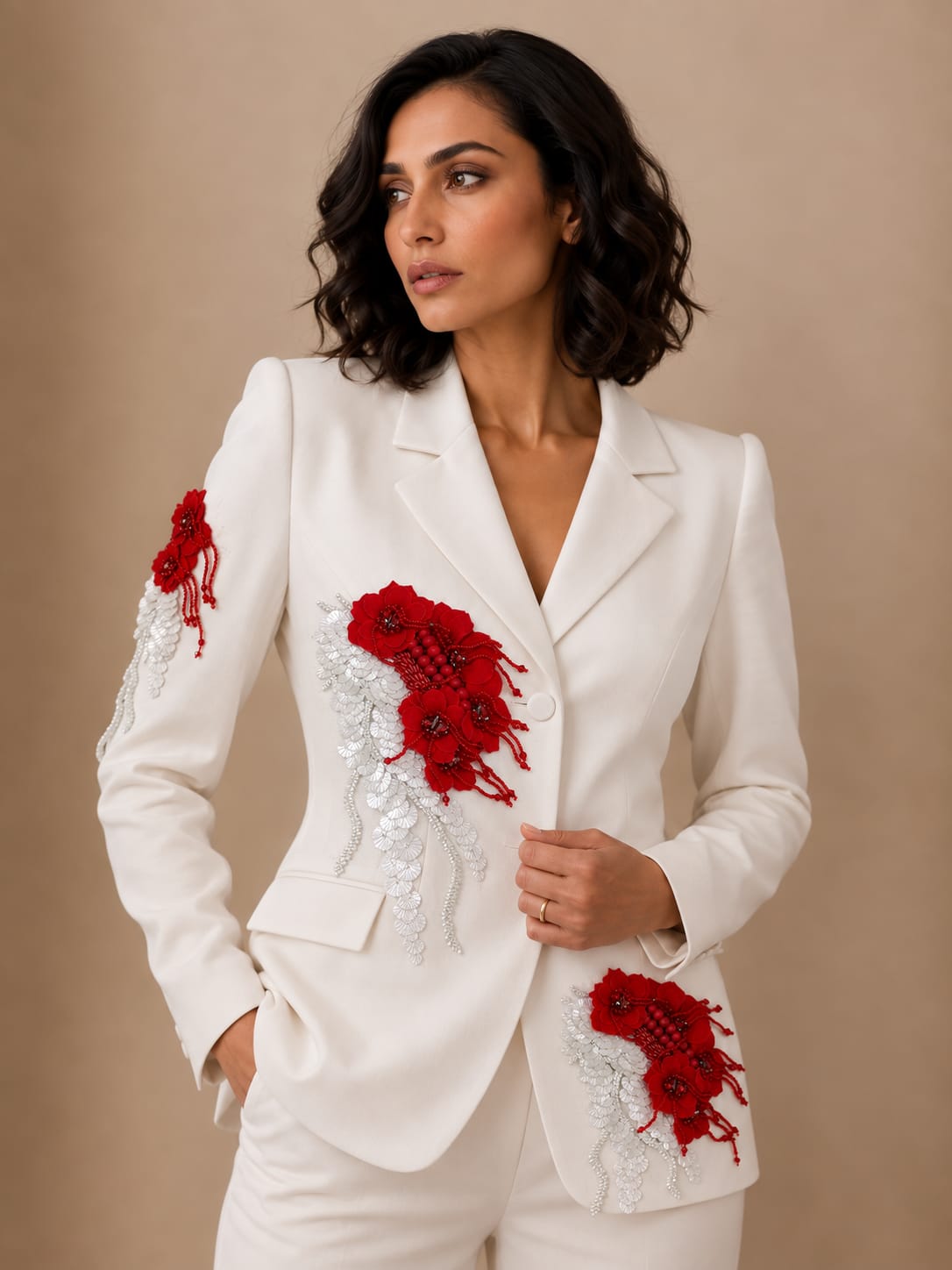 White 3D RED Flower  Co-ord Set