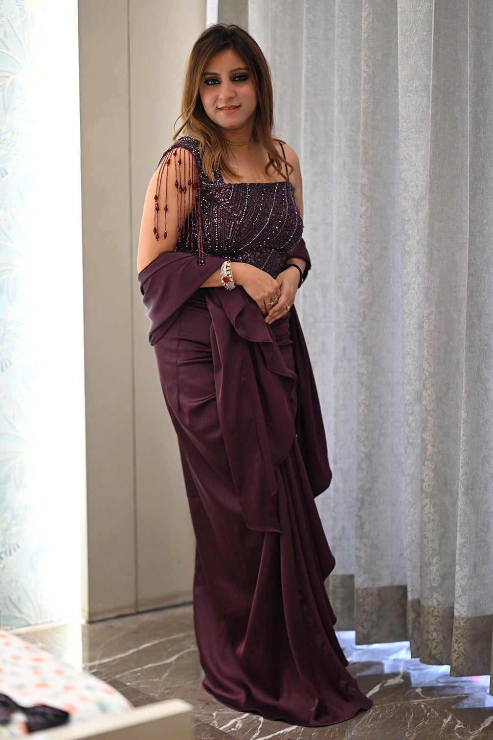 Wine Embellished Corset Non-Wired Blouse & Draped Satin Saree Set