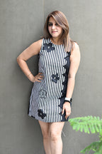 Women Black & White Striped Sleeveless Dress