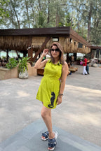 Women Lime Green Cotton Cut-Out Dress with Cat Hand Work