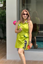 Women Lime Green Cotton Cut-Out Dress with Cat Hand Work