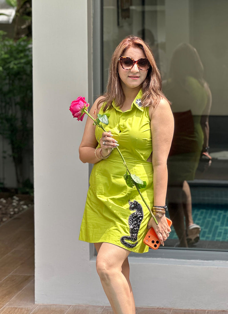 Women Lime Green Cotton Cut-Out Dress with Cat Hand Work