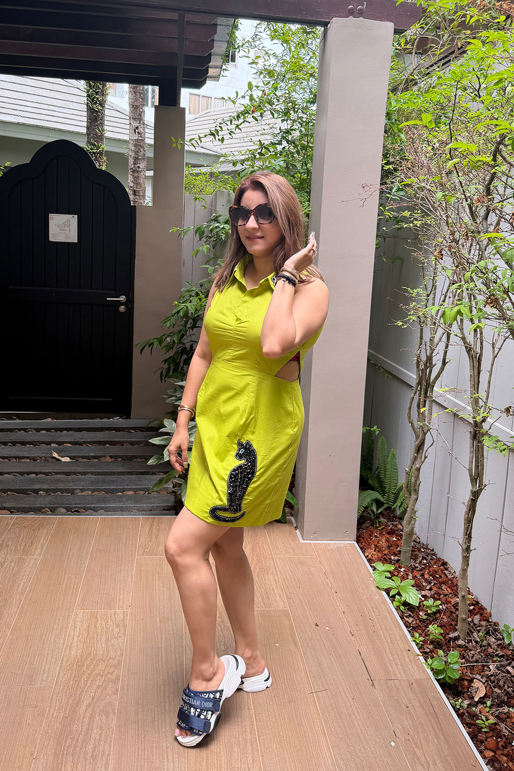 Women Lime Green Cotton Cut-Out Dress with Cat Hand Work