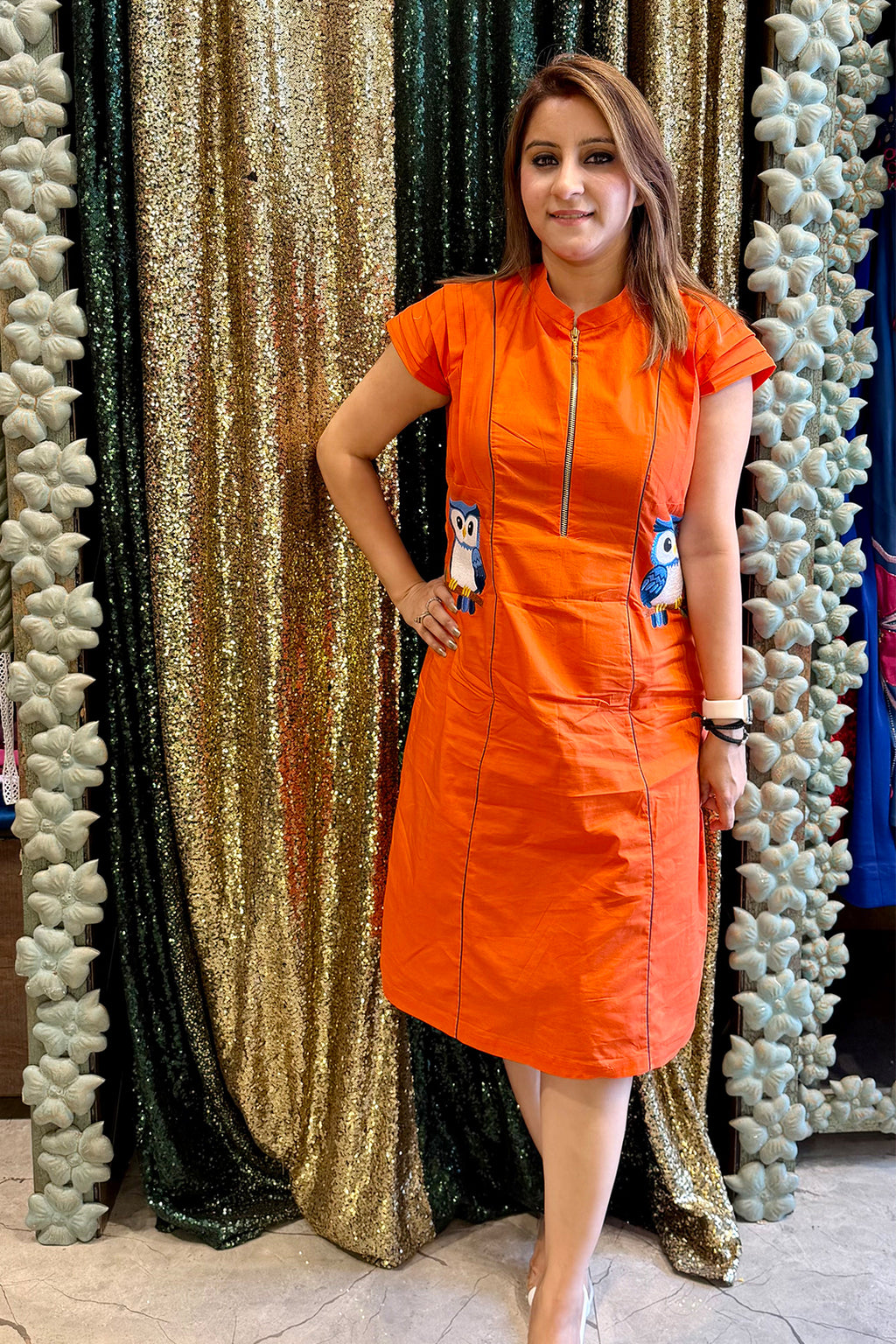 Women Orange Designer Midi Dress