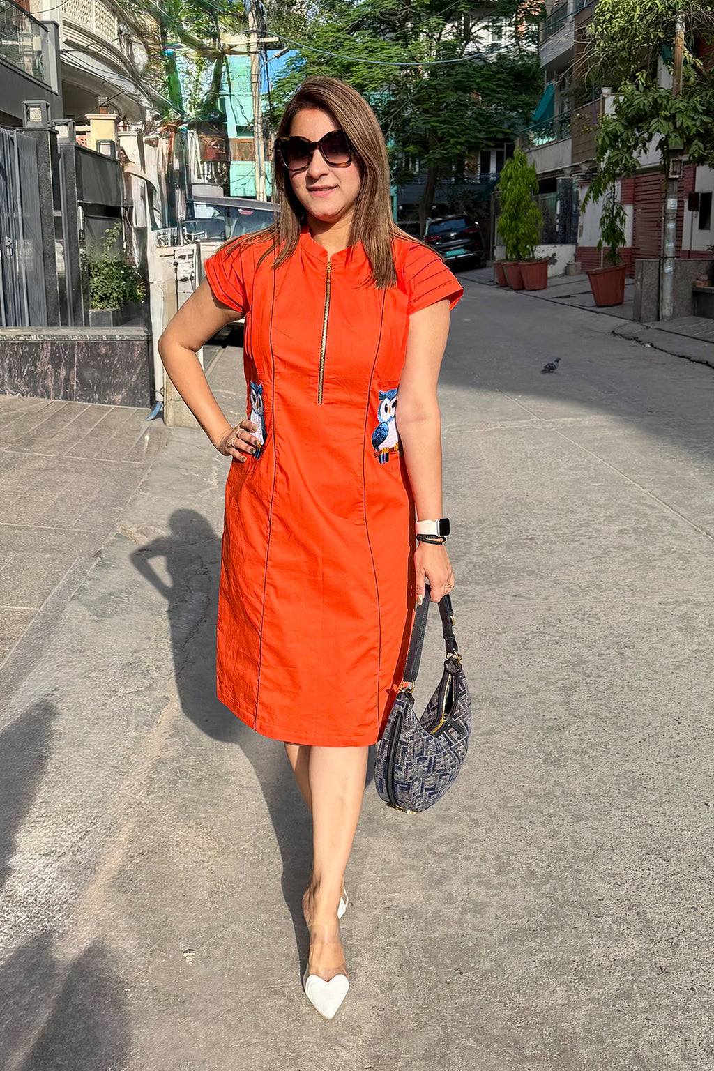 Women Orange Designer Midi Dress