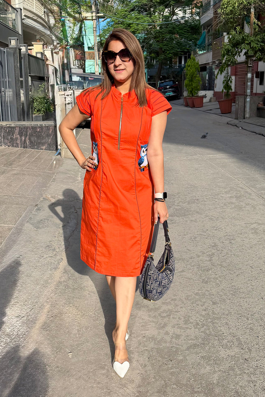 Women Orange Designer Midi Dress