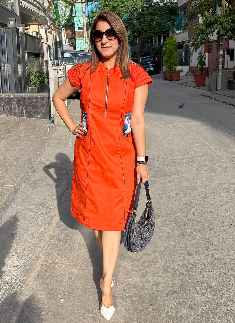 Women Orange Designer Midi Dress
