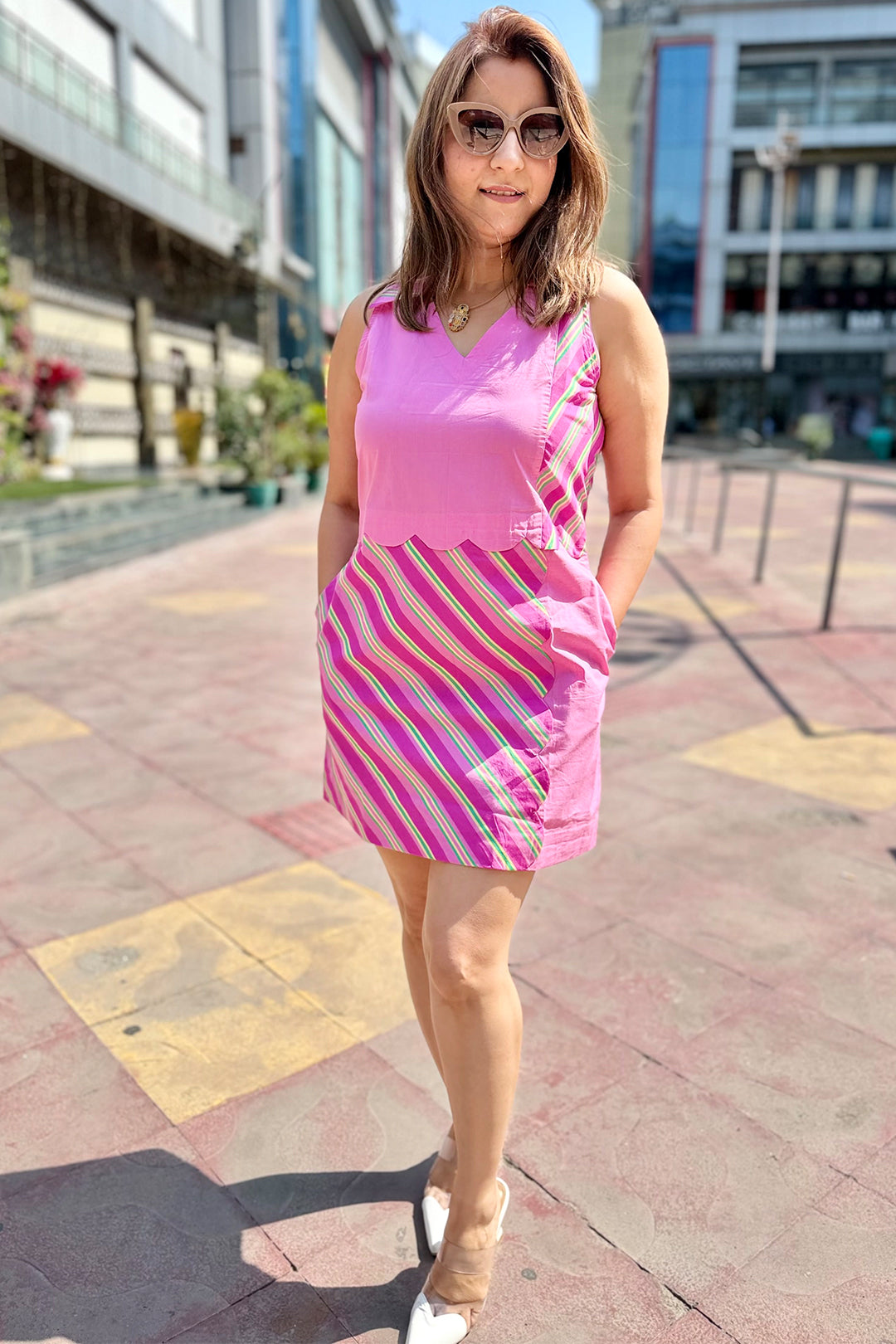 Women Pink Cotton Stripe Dress with Side Pocket