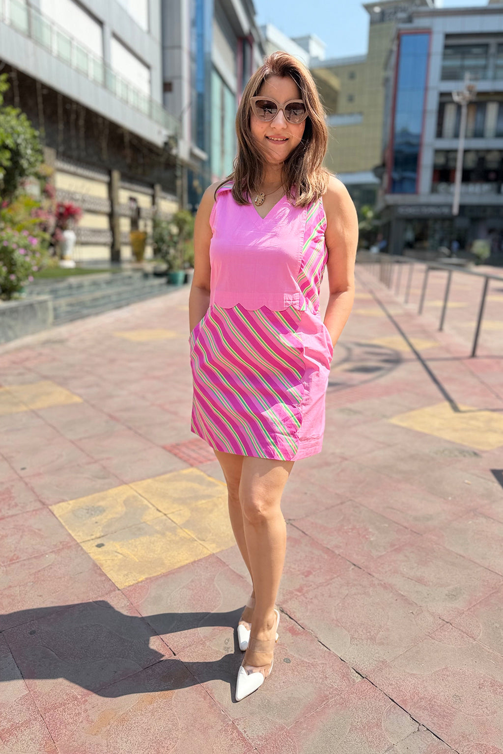 Women Pink Cotton Stripe Dress with Side Pocket
