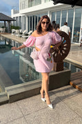 Women Pink Linen One Side Off-Shoulder Dress