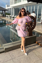 Women Pink Linen One Side Off-Shoulder Dress