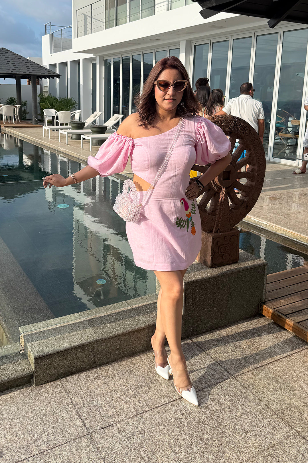 Women Pink Linen One Side Off-Shoulder Dress