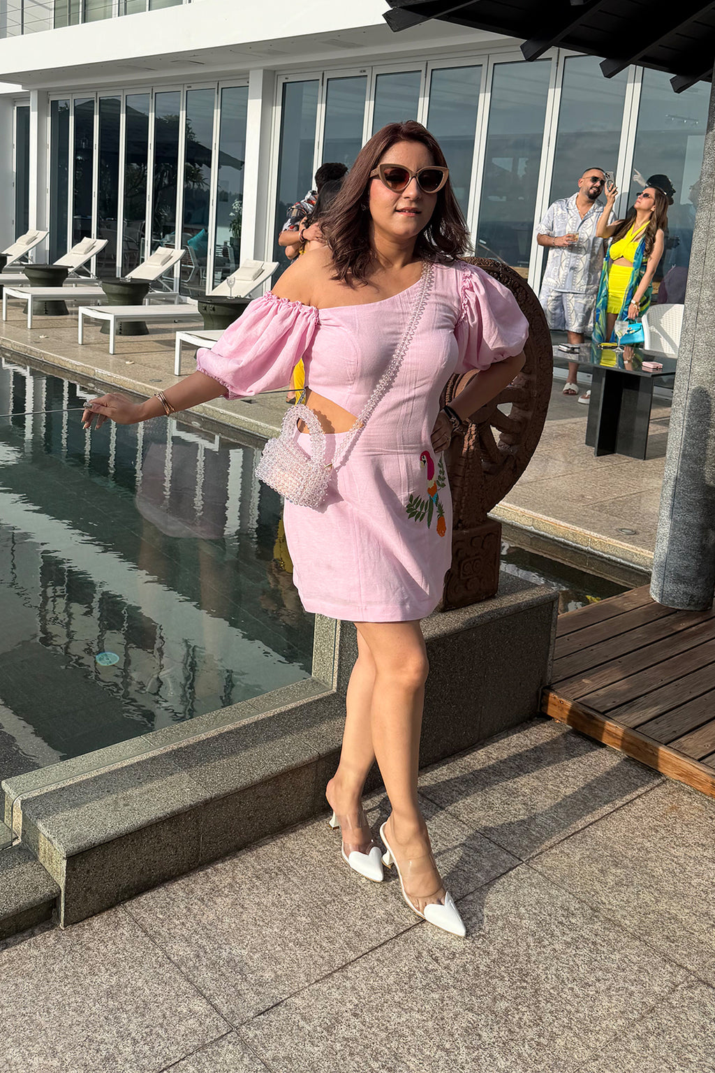 Women Pink Linen One Side Off-Shoulder Dress