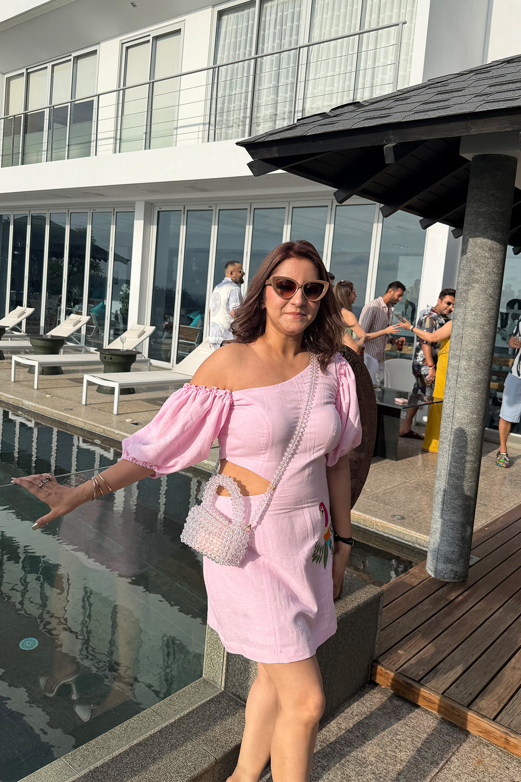 Women Pink Linen One Side Off-Shoulder Dress