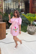 Women Pink Linen One Side Off-Shoulder Dress