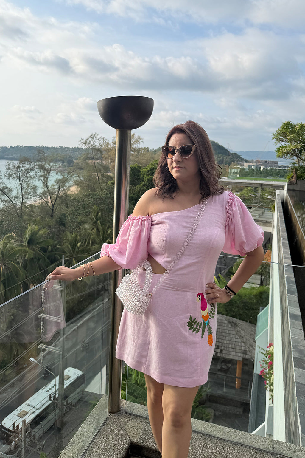 Women Pink Linen One Side Off-Shoulder Dress