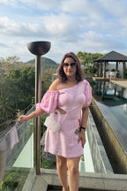 Women Pink Linen One Side Off-Shoulder Dress