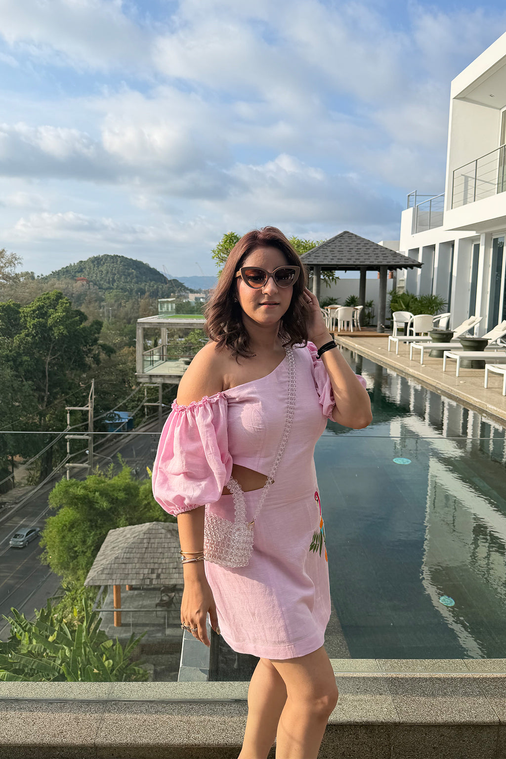 Women Pink Linen One Side Off-Shoulder Dress