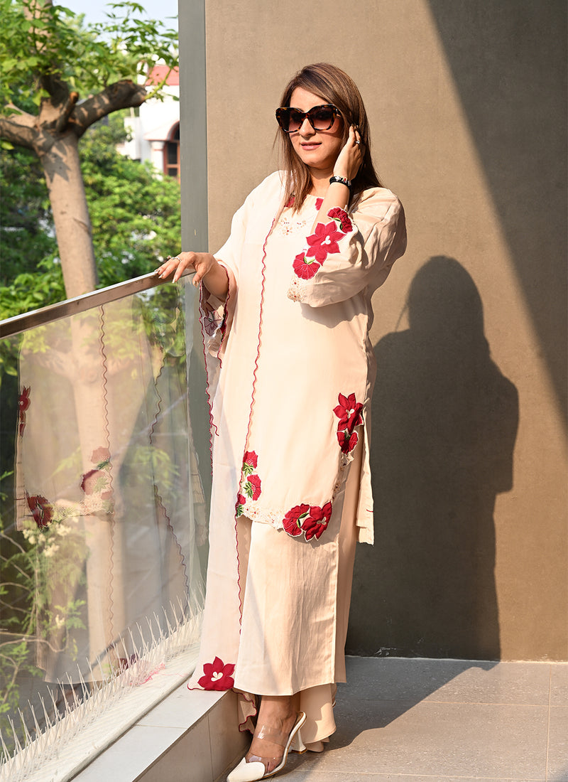 Floral Applique Work Crepe Festive Suit Set with Scalloped Dupatta & Flared Culottes