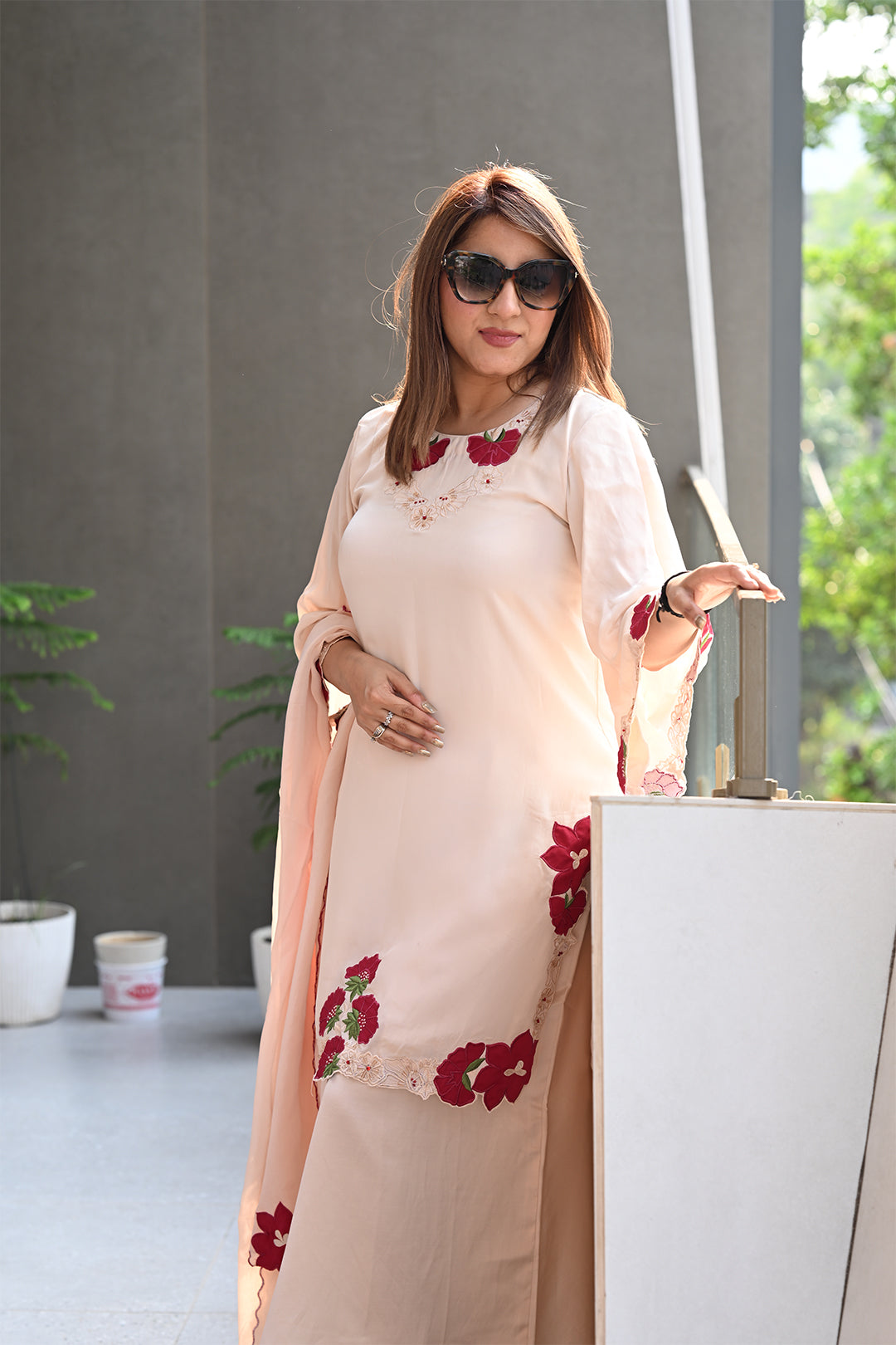 Women’s Floral Applique Work Crepe Festive Suit Set with Scalloped Dupatta & Flared Culottes