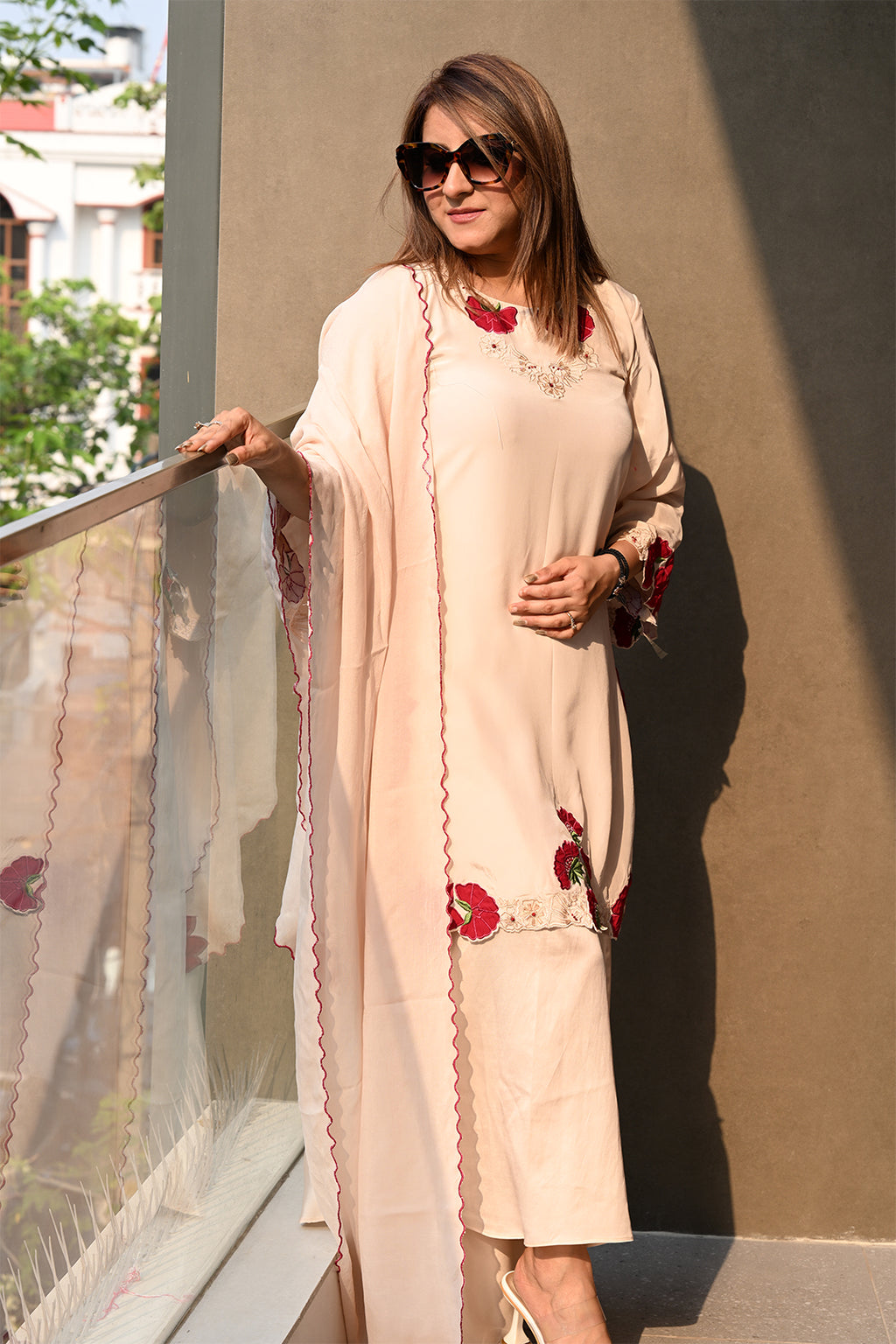 Women’s Floral Applique Work Crepe Festive Suit Set with Scalloped Dupatta & Flared Culottes