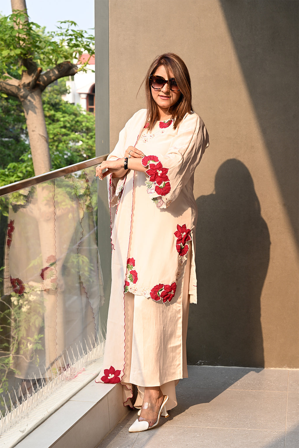 Women’s Floral Applique Work Crepe Festive Suit Set with Scalloped Dupatta & Flared Culottes