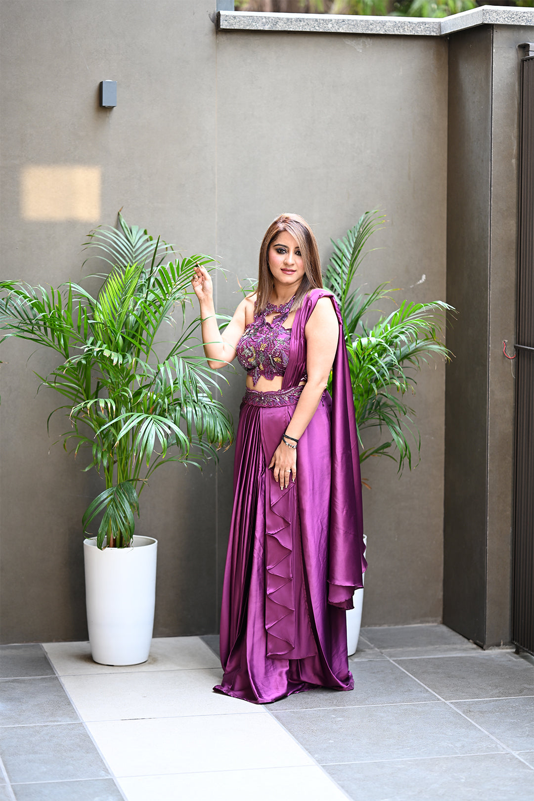 Women’s Plum Drape Saree with Hand Embroidery Neck Cut Designer Blouse