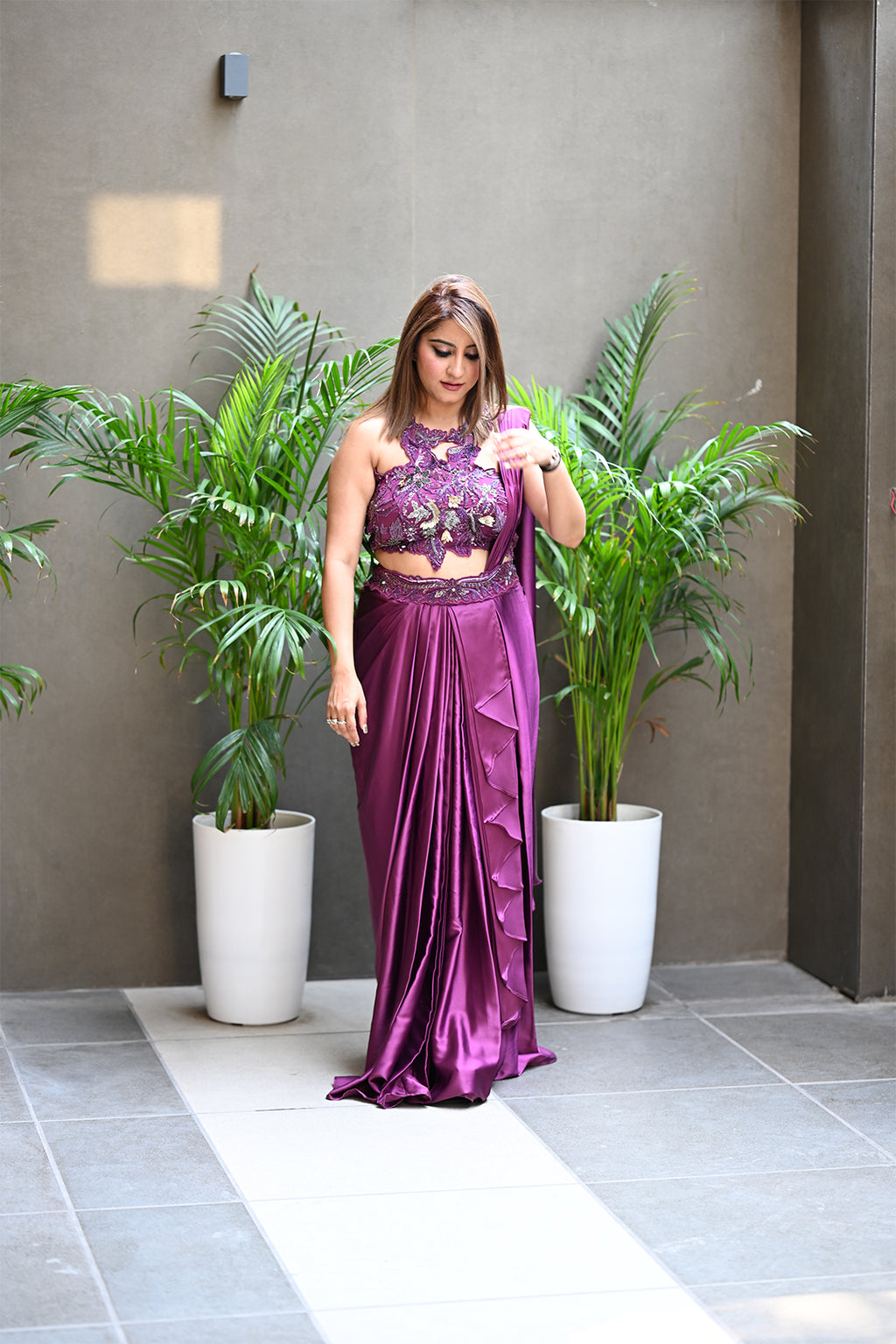 Women’s Plum Drape Saree with Hand Embroidery Neck Cut Designer Blouse