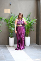 Women’s Plum Drape Saree with Hand Embroidery Neck Cut Designer Blouse