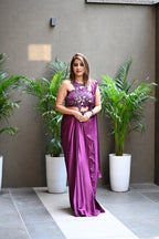 Women’s Plum Drape Saree with Hand Embroidery Neck Cut Designer Blouse