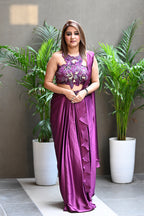 Women’s Plum Drape Saree with Hand Embroidery Neck Cut Designer Blouse