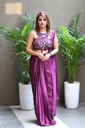 Women’s Plum Drape Saree with Hand Embroidery Neck Cut Designer Blouse