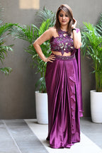 Women’s Plum Drape Saree with Hand Embroidery Neck Cut Designer Blouse