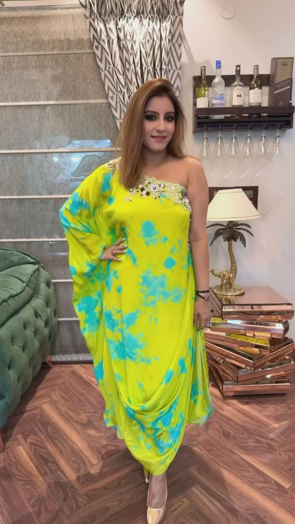 Neon & Aqua Shibori One-Shoulder Drape Gown